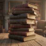 Una alta pila de libros antiguos con encuadernación de cuero descansa sobre una mesa de madera en una biblioteca.