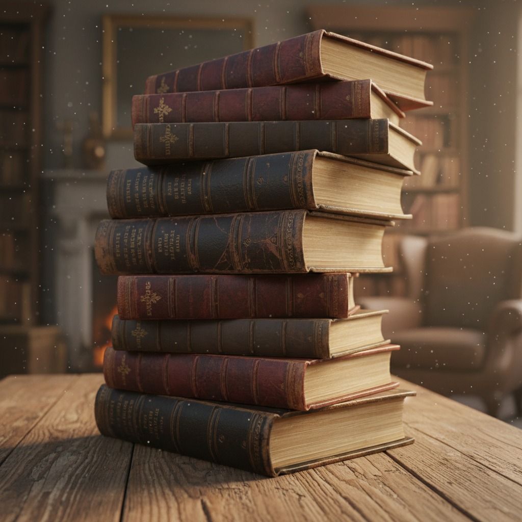 Una alta pila de libros antiguos con encuadernación de cuero descansa sobre una mesa de madera en una biblioteca.